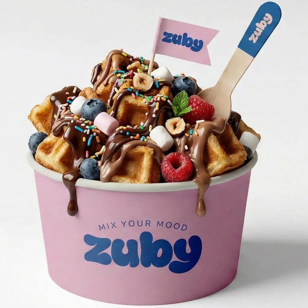 Pembe Zuby kasesinde çikolata soslu waffle, böğürtlen ve renkli şeker