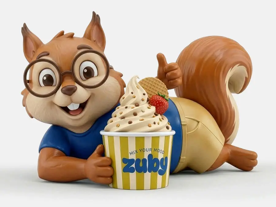 Gözlüklü sincabın Zuby kasesine sarılan 3D heykeli